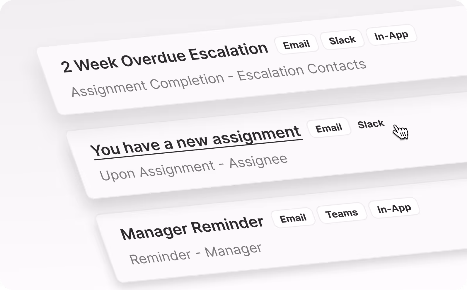 Keep learners and managers accountable with notifications in Slack, MS Teams, Email, and in-app.