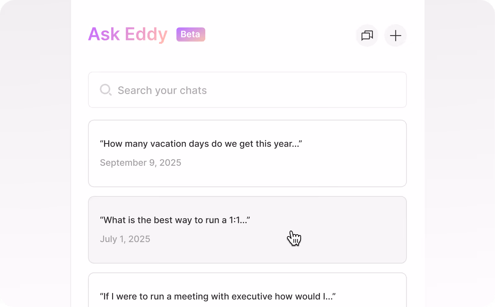 The Eddy AI Learning Agent welcome screen with pre-populated questions.