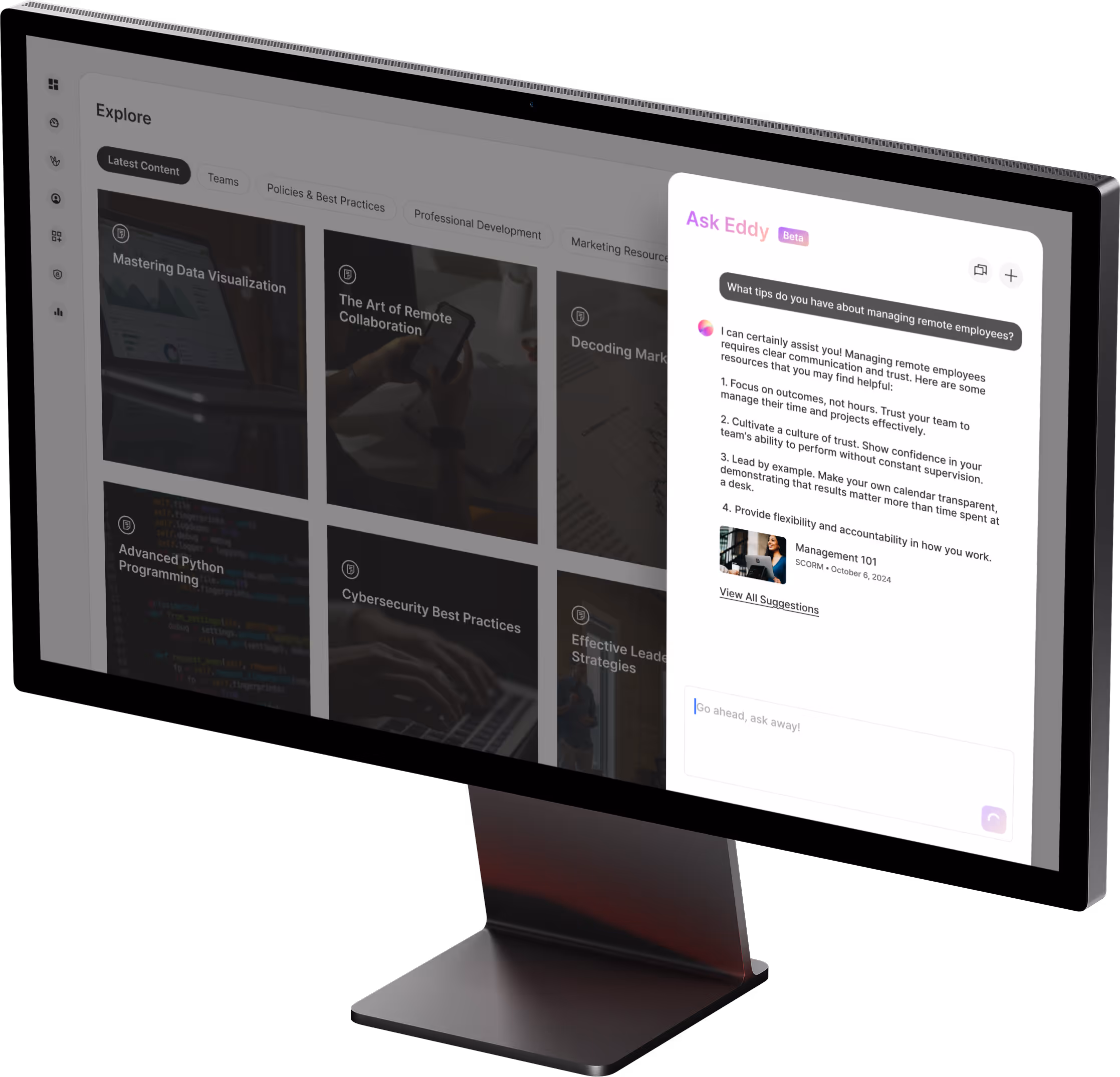 Continu's Eddy chat window above Explore dashboard on desktop mockup.