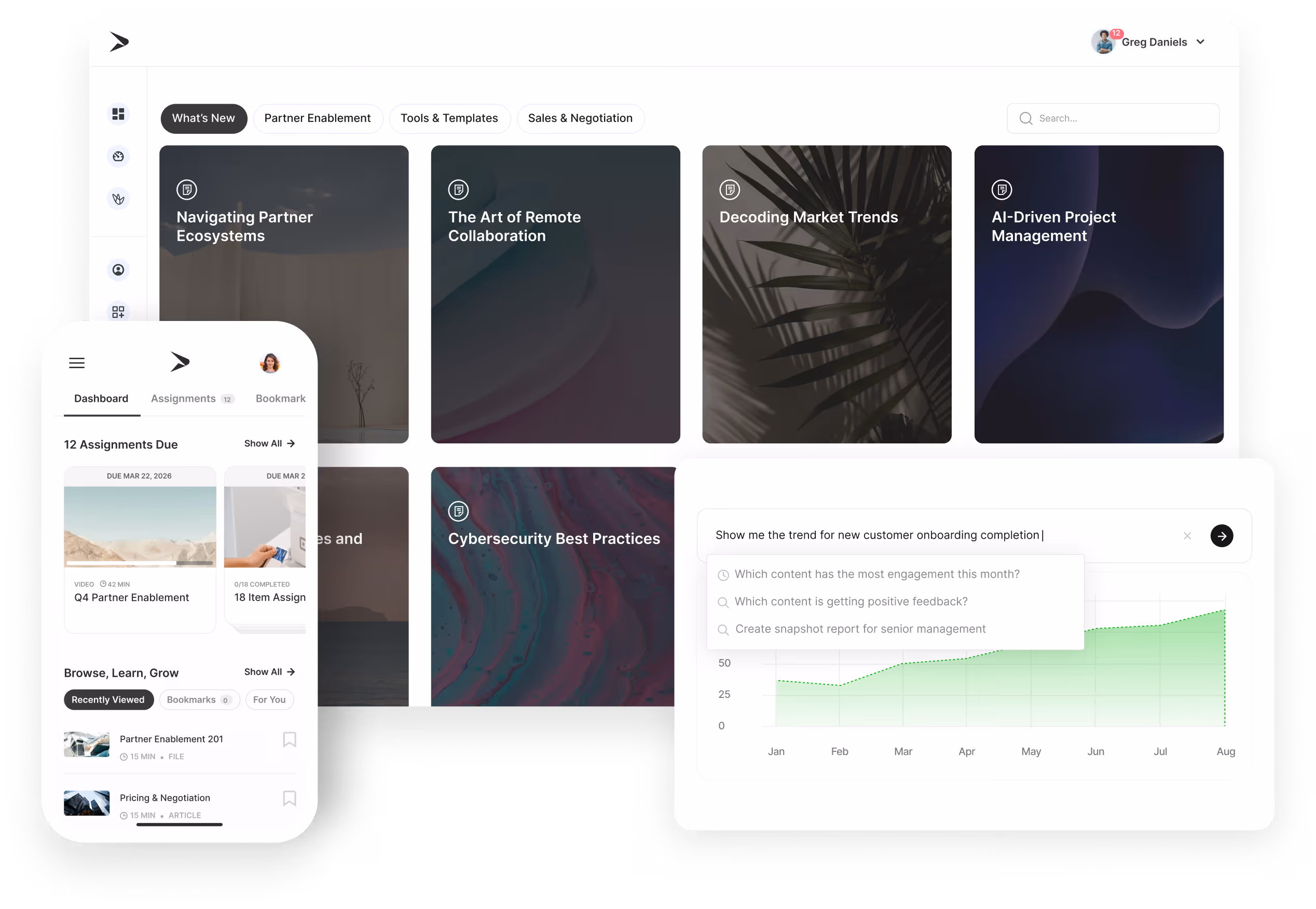 Multiple screens of Continu's enterprise enablement platform on different devices.
