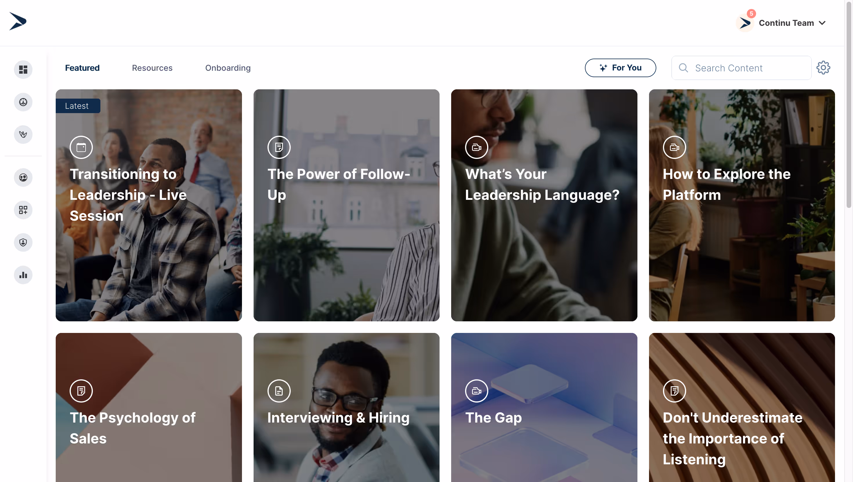 Continu's modern LMS Explore dashboard