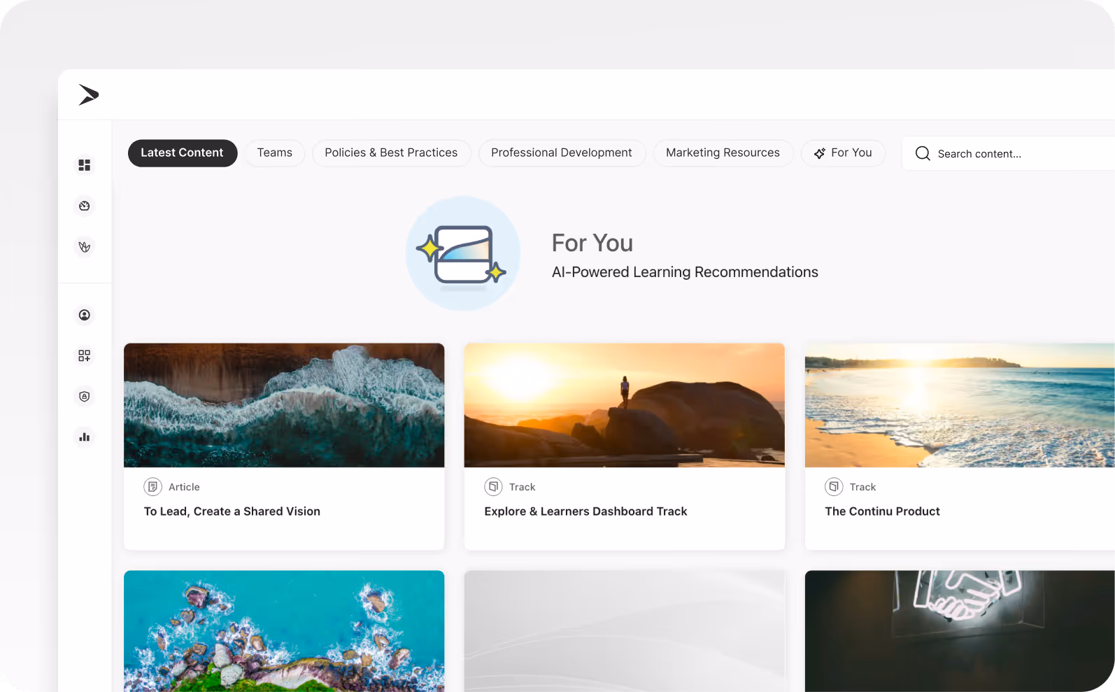 Dashboard interface displaying AI-powered learning recommendations with content cards including articles and tracks featuring ocean and sunset images.