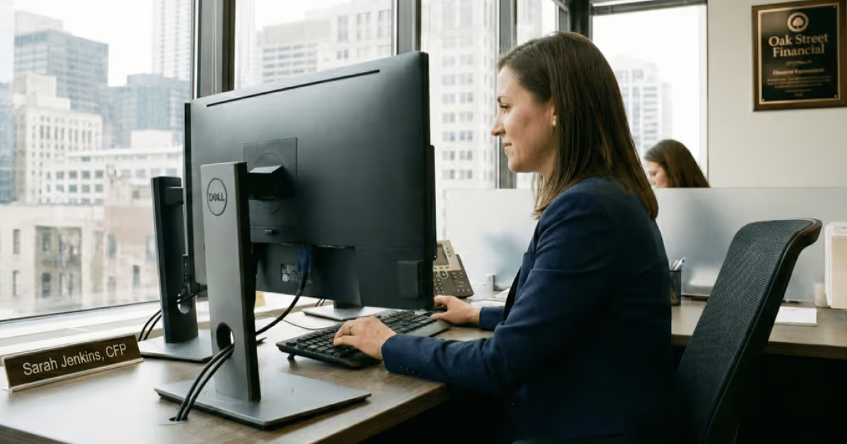 A financial services employee taking course on compliance training software.