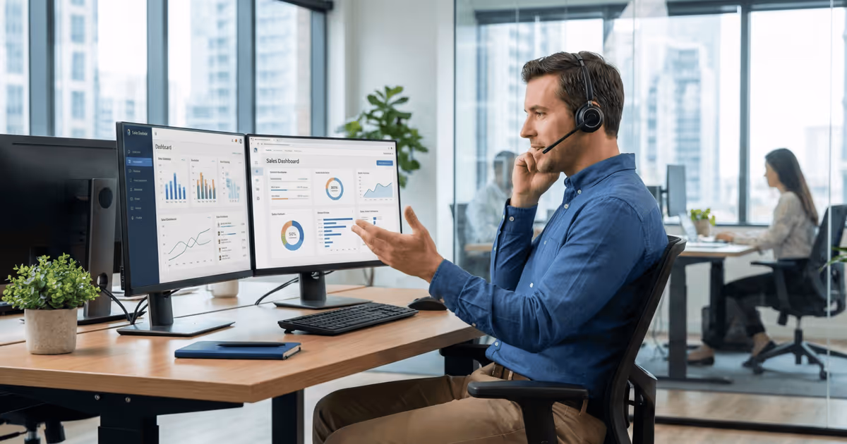 A salesperson on a call with a prospect while having a sales training software on their computer.